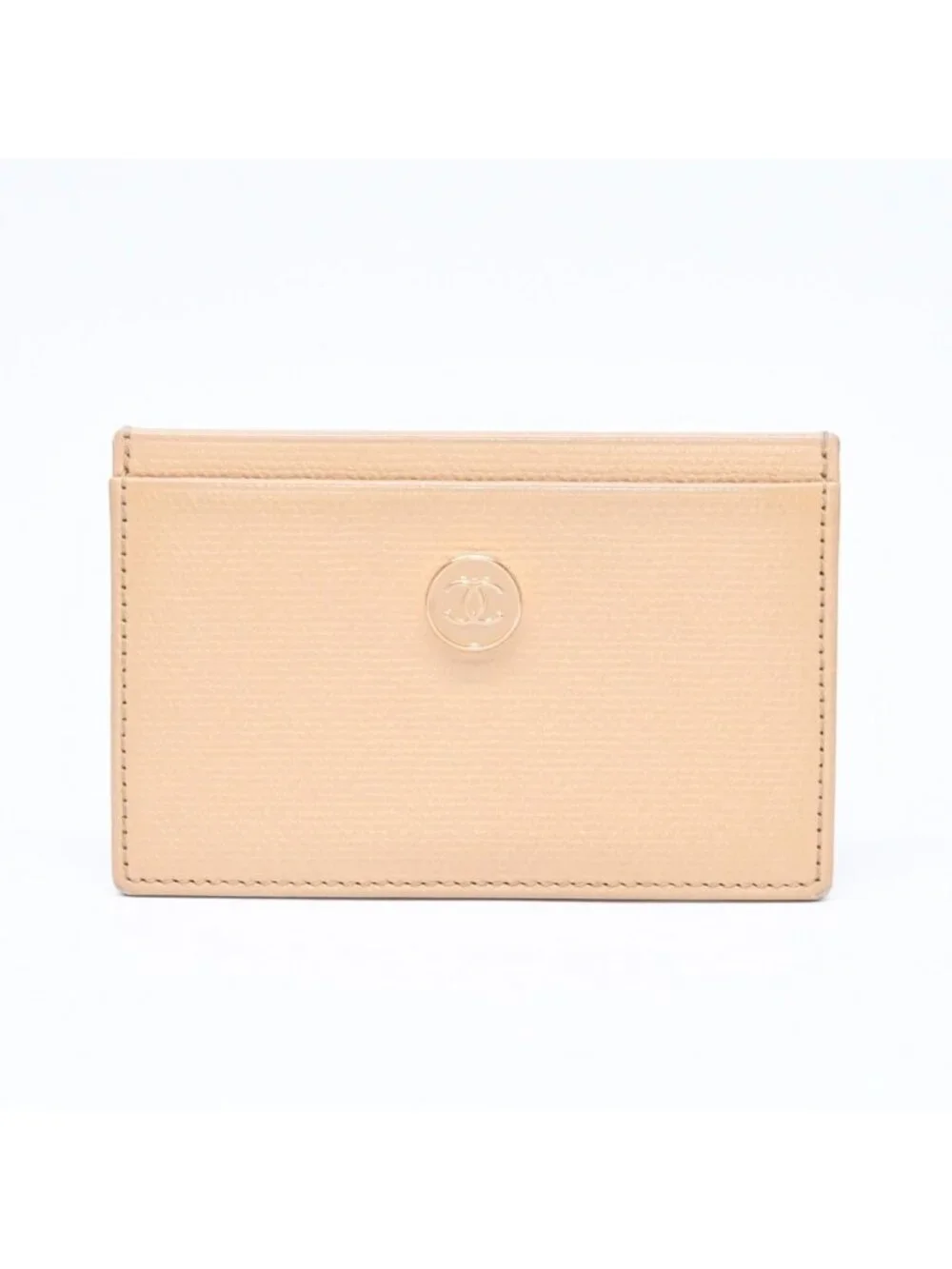 Chanel Card Case CC Logo Button Caviar Leather Beige Gold